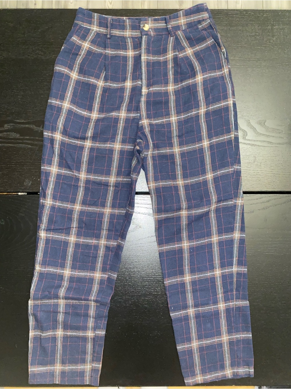 SHEIN Navy Dress pants with a Red, Orange, Green and Blue Plaid Pattern